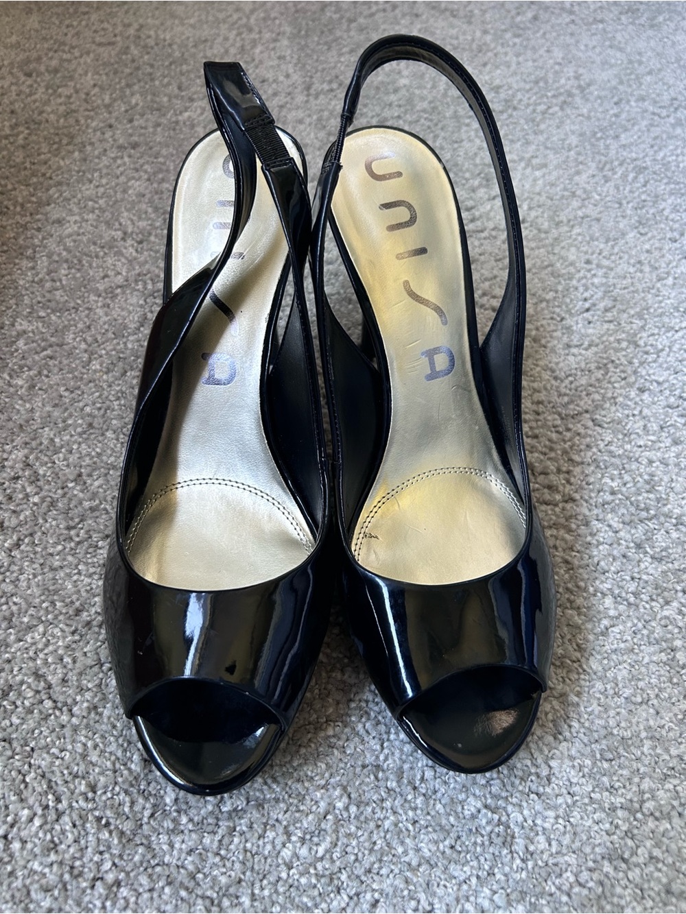Unisa Black Patent Peep-Toe Slingback Pumps